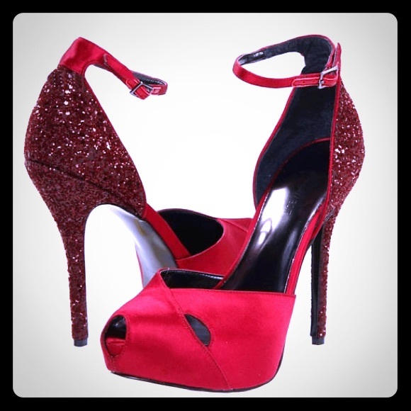 Nine West “Nathania” red satin and glitter pumps
